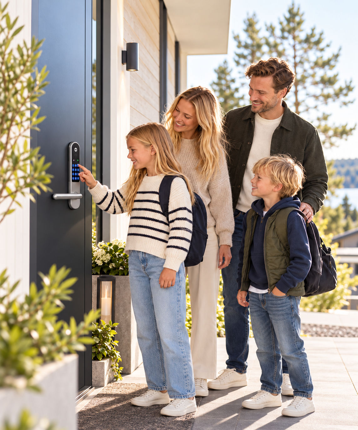 Familj vid en modern entré där en flicka använder ett smart dörrlås